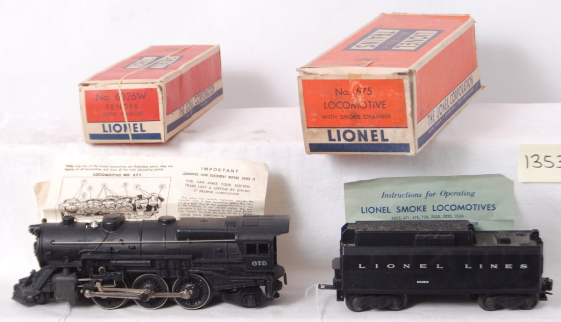 Postwar Lionel 675 loco and 6026W whistle tender: Postwar Lionel O gauge 675 steam locomotive with smoke and 6026W whistle tender, in original boxes with instructions sheets. Loco has a little very light surface rust and oxidation. Trains look C6 and