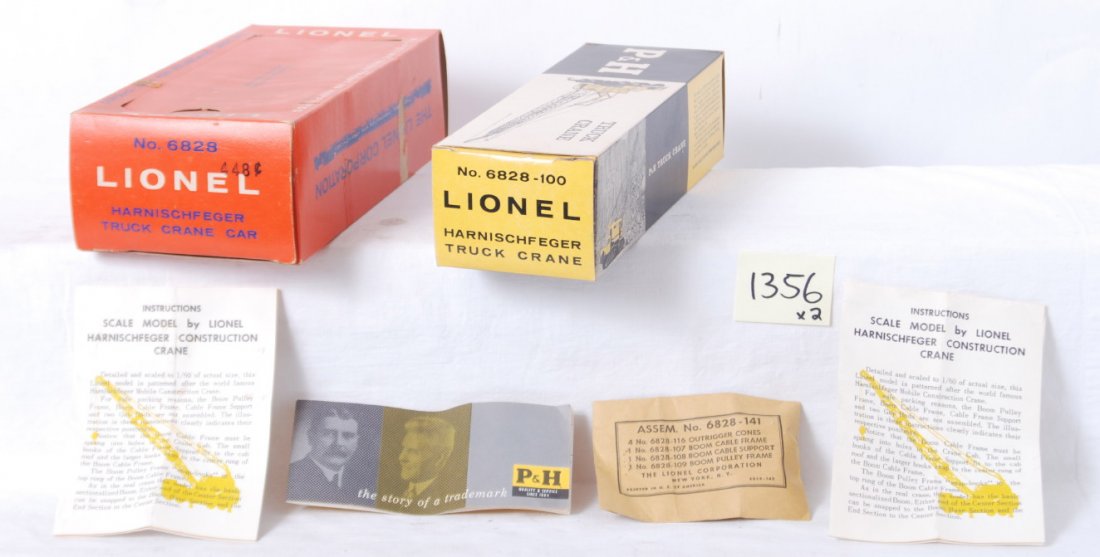 Empty Lionel 6828 Harnischfeger truck crane car O: Postwar Lionel O gauge 6828 Harnischfeger truck crane car, empty original boxes.