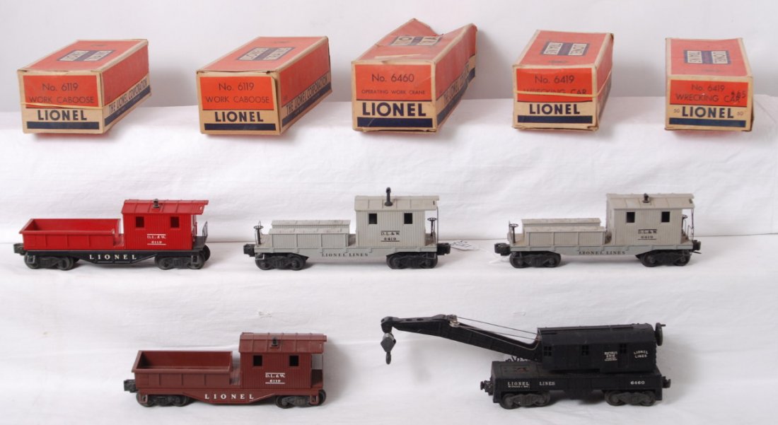 Lionel 6119, 6119, 6419, 6419-50, 6460 in OB: Postwar Lionel O gauge work cabooses and operating work crane in original boxes, C6-7. Boxes have some missing and or detached flaps. Some boxes have insert. Boxes are overall very square and solid ex