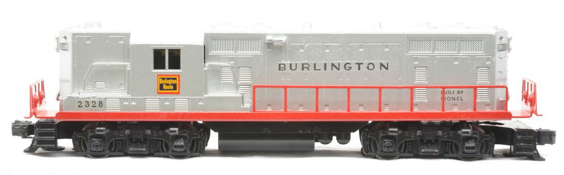 Lionel Postwar 2328 Burlington GP7 Diesel: Lionel postwar 2328 Burlington GP7 diesel. The back coupler section is broken off of the end of the diesel but is included. The diesel has been restored.