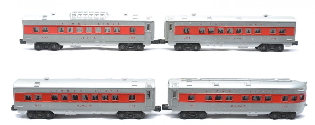 Lionel Silver Pass Cars 2444 2445 2442 2446: Lionel postwar silver passenger cars with red lettering and window stripe including; 2444 Newark Pullman, 2445 Elizabeth Pullman, 2442 Clifton vista dome and a 2446 Summit observation. Cars are C6.