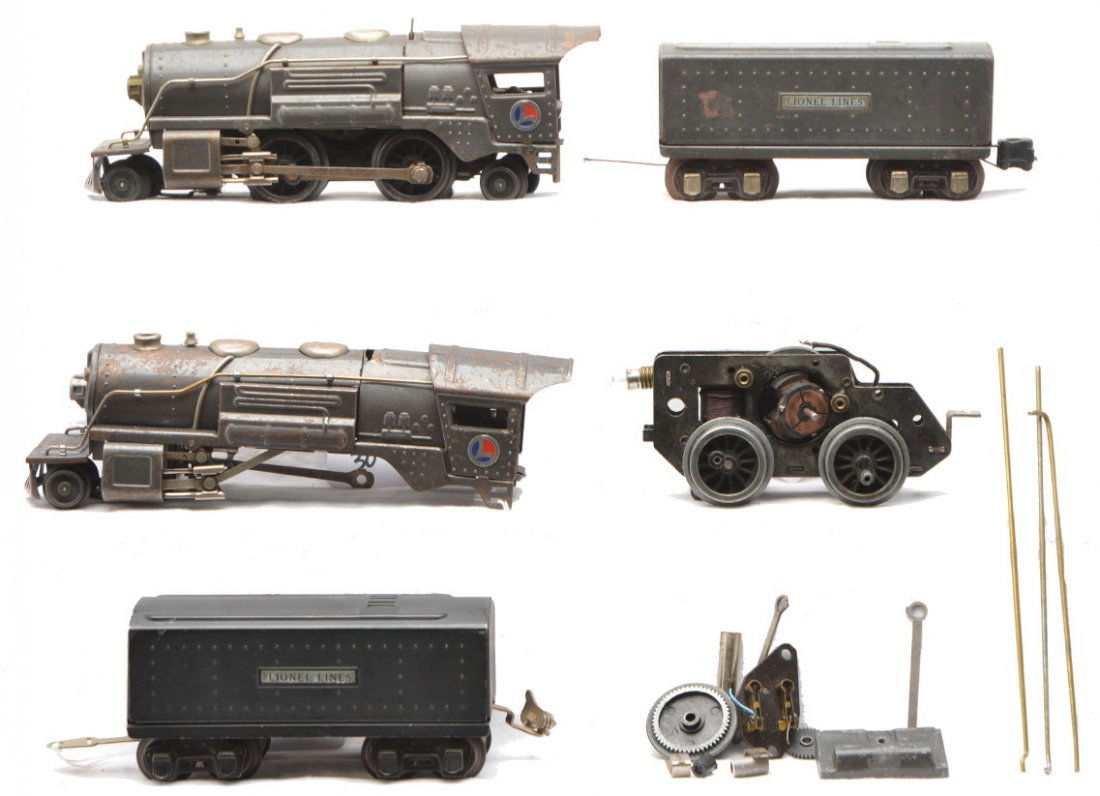Lionel Gunmetal 259E 2689T 1689W Black Tender: Lionel prewar O gauge 259E gunmetal 2-4-2 steam loco, a 2689T gunmetal tender and a 1689W black tender. Also included is a 259E gunmetal steam loco in parts. The 1689W is C6 and the other tender and l