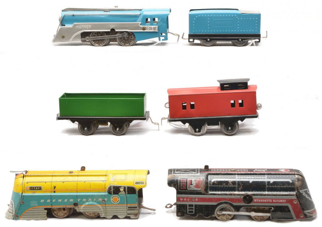 Hafner Loco Tender Litho Loco Wyandotte Loco: Hafner 1010 blue and silver 0-4-0 steam loco and tender that have been repainted and a lithographed 115041 0-4-0 steam loco. Also included is a lithographed red and black Wyandotte Railway 0-4-0 steam