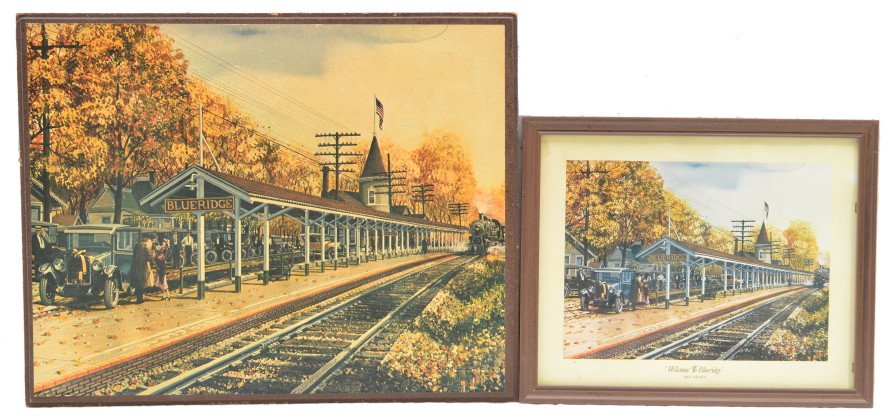Ken Eberts two Prints of Blueridge Station: Two prints of Ken Eberts Blueridge station located in PA. One of the prints is framed and one is displayed on a wood piece.