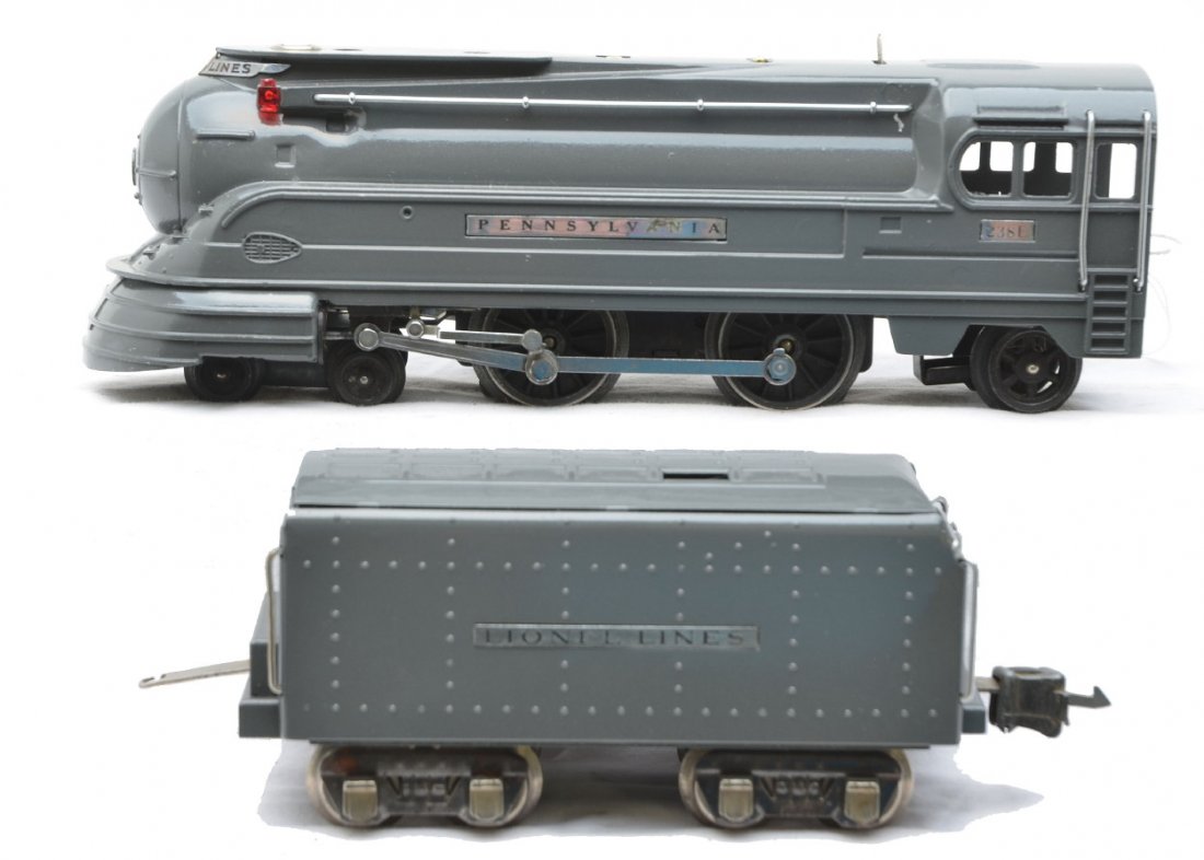 Lionel 238E Pennsy Steam Loco 265W Tender: Lionel prewar O gauge 238E Pennsylvania 4-4-2 steam loco with a 265W tender both restored in gunmetal gray.