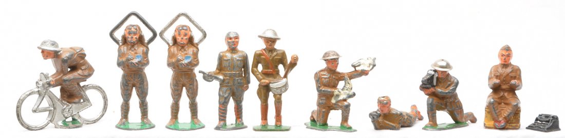 Barclay/Manoil Selection of Figures: Barclay and Manoil selection of figures including communications, musicians and a figure on bike. The figures have moderate to heavy paint wear.