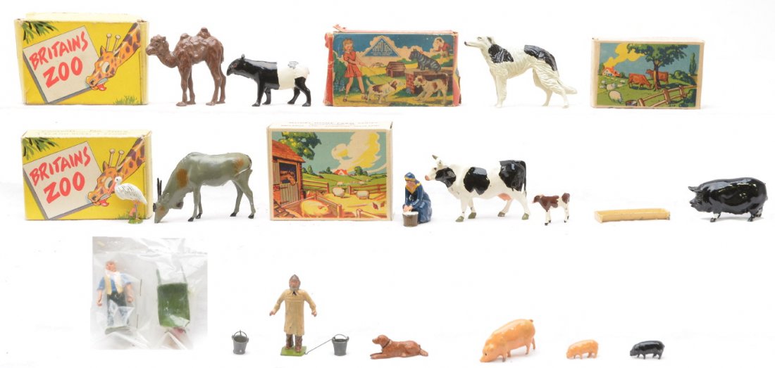 Britains 5008 5024 9006 9009 Timpo OBs: Britains no. 5008 Farm with milk maid, cow and calf, no. 5024 Farm with two pigs, piglets and trough, no. 9009 Zoo with Eland bull and stork and no. 9006 Zoo with baby camel and a Malay Tapir all in O