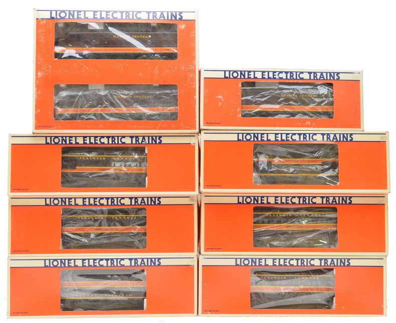 Lionel Illinois Central Passenger Set LN Boxed: Lionel Illinois Central passenger set including; 8580 F3 AA units, 8581 F3 B unit, 7220 baggage, 7221 Ponchartrain combo, 7222 King Coal coach, 7223 Banana Road coach, 7224 General Beauregard dining c