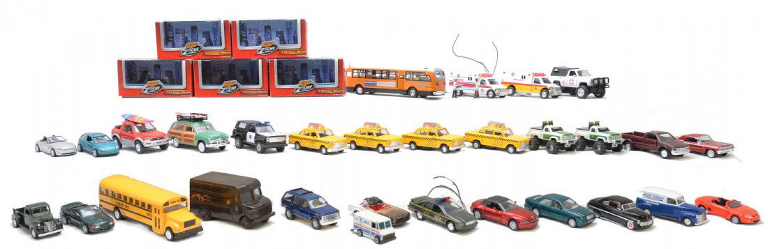 Large Selection of Die Cast Vehicles Trucks Buses: Large selection of die cast vehicles, trucks and buses. Also included are five original boxes for MotorMax Hot Zone 1:43 super wheels vehicles. Please view photo to verify selection and condition.