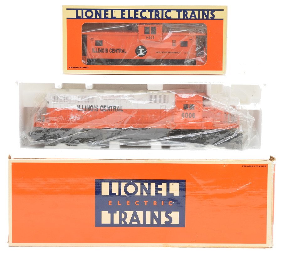 Lionel IC 18210 SD-40 Diesel 19716 Caboose OBs: Lionel Illinois Central 18210 SD-40 diesel engine and a 19716 extended vision caboose both in OBs, C8.