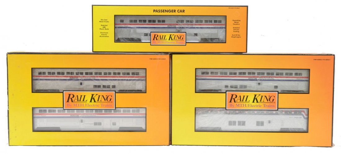 RK MTH Amtrak 30-6500 30-6501 30-6503 OBs: Rail King by MTH Amtrak Superliner passenger cars including; 30-6500 4-car set, 30-6501 sleeper/diner two car set and a 30-6503 transitional sleeper phase III all in OBs, C8.