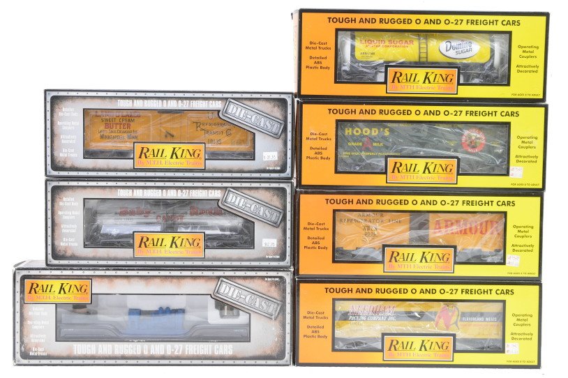 RK MTH 30-7817 30-7374 Die Cast 30-8109 30-8610: Rail King by MTH freight cars; 30-7817 Hoods reefer, 30-7818 Armour reefer, 30-7815 Needham Packing reefer and a 30-7374 Domino sugar modern tank car all in OBs. Also included are Rail-King by MTH die
