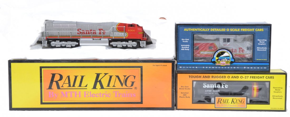 RK MTH 30-2121-1 30-7323 20-80002C Boxed: Rail King by MTH Santa Fe 30-2121-1 SD-90 Mac diesel with Proto-Sound, 30-7323 modern tank car and a 20-80002C 2000 Dealer Appreciation Program extended vision caboose all in OBs, C8.