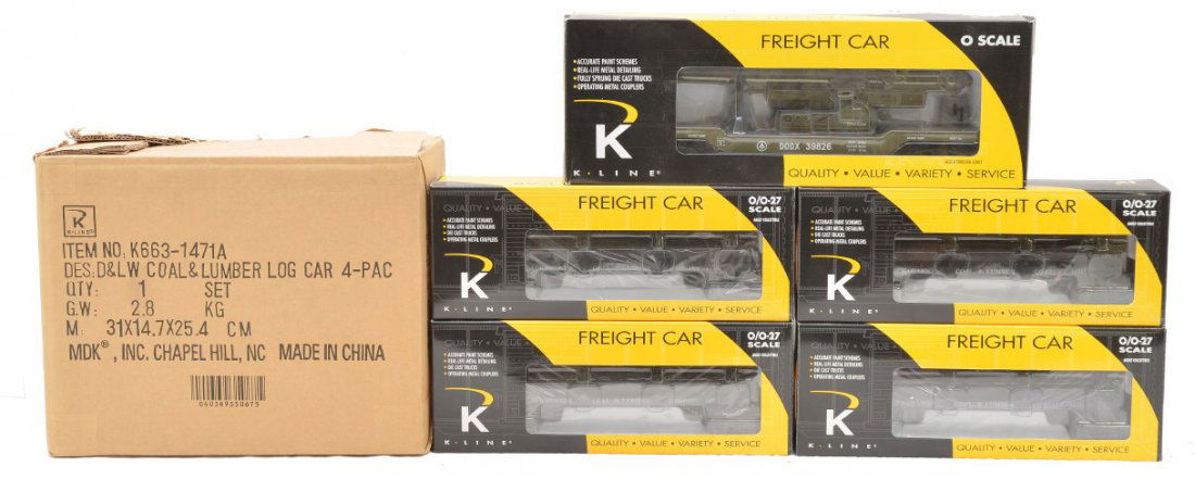 K-Line K663-1471A 4-PK K662-8011 LN OBs: K-Line K663-1471A D&LW coal and lumber log four-car set in individual OBs and outer shipping carton including; K663-14714, K663-14713, K633-14712 and K663-14711. Also included is a K-Line K662-8011 US