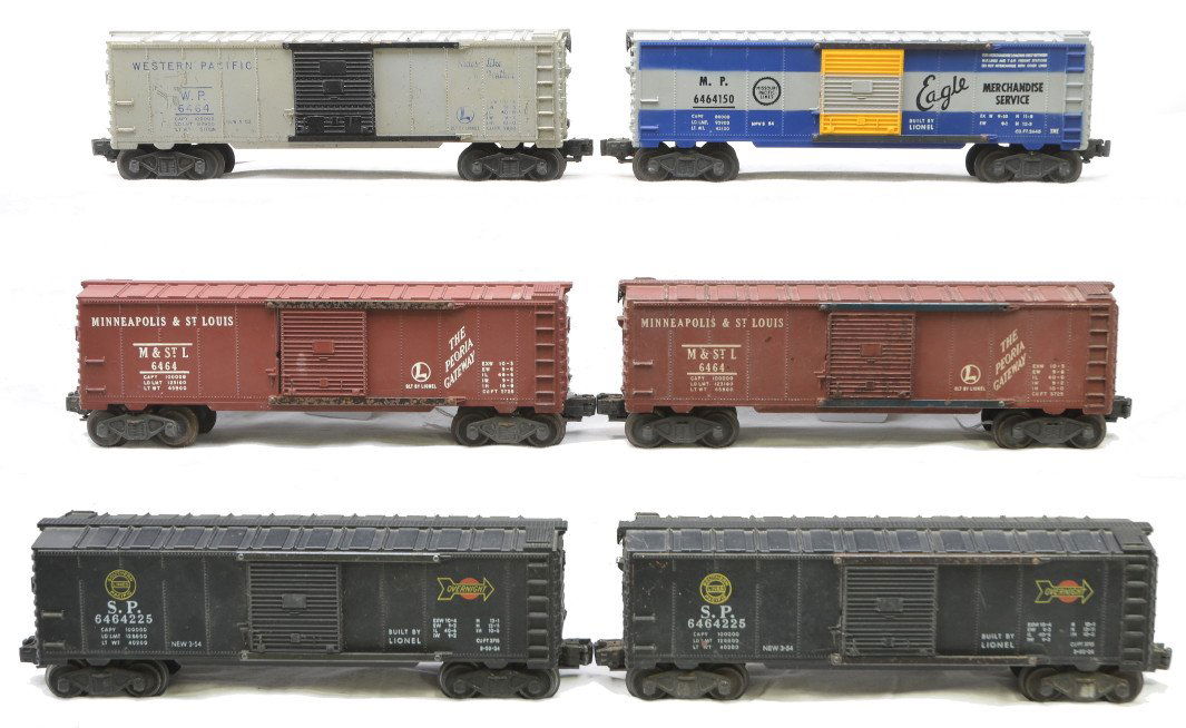 Lionel 6464-1 two 6464-50 6464-150 two 6464-225: Lionel postwar 6464 boxcars including; two 6464-50 Minneapolis & St. Louis type I, 6464-150 Missouri Pacific Lines type IIa and two 6464-225 Southern Pacific type IIa. Also included is a 6464-1 Wester