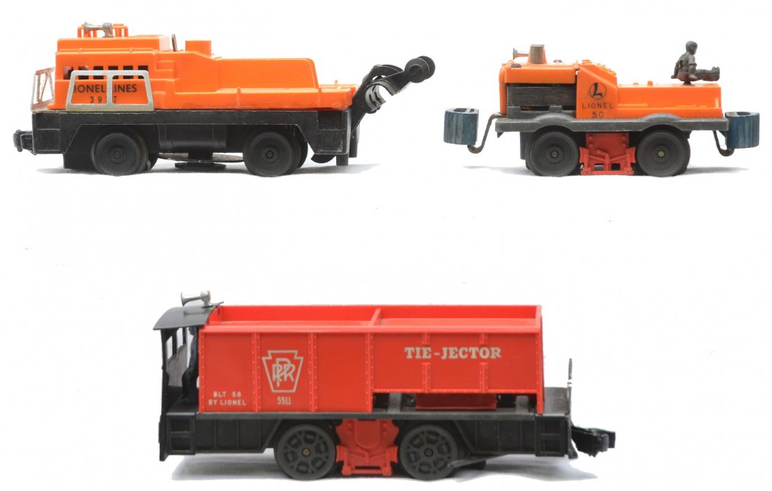 Lionel 50 Gang 55 Tie-Jector 3927 Cleaning Car: Lionel postwar 50 gang car with an offset horn missing two men, 55 tie-jector missing ties and a 3927 Lionel Lines track cleaning car missing the tanks. The 55 and 3927 are C6-7. The gang car is C5.