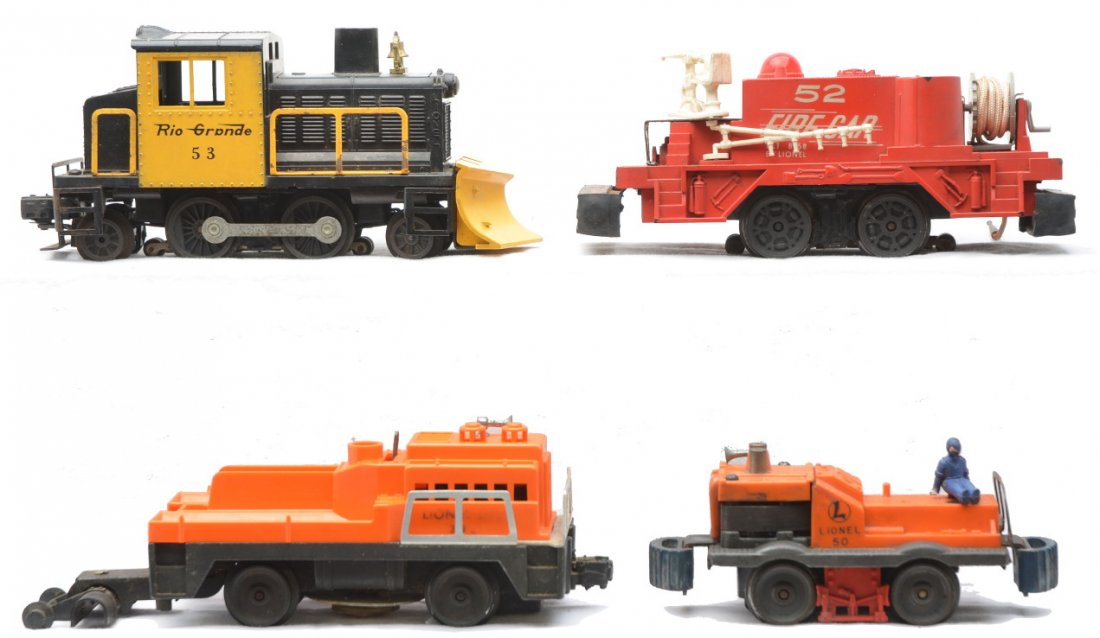Lionel 50 Gang 52 Fire 53 RG Plow 3927 Cleaning: Lionel postwar 50 gang car missing two men, 52 fire car which is broken. 53 Rio Grande snow plow with two broken window struts and a 3927 track cleaning car missing the tanks. The units are C5 except 