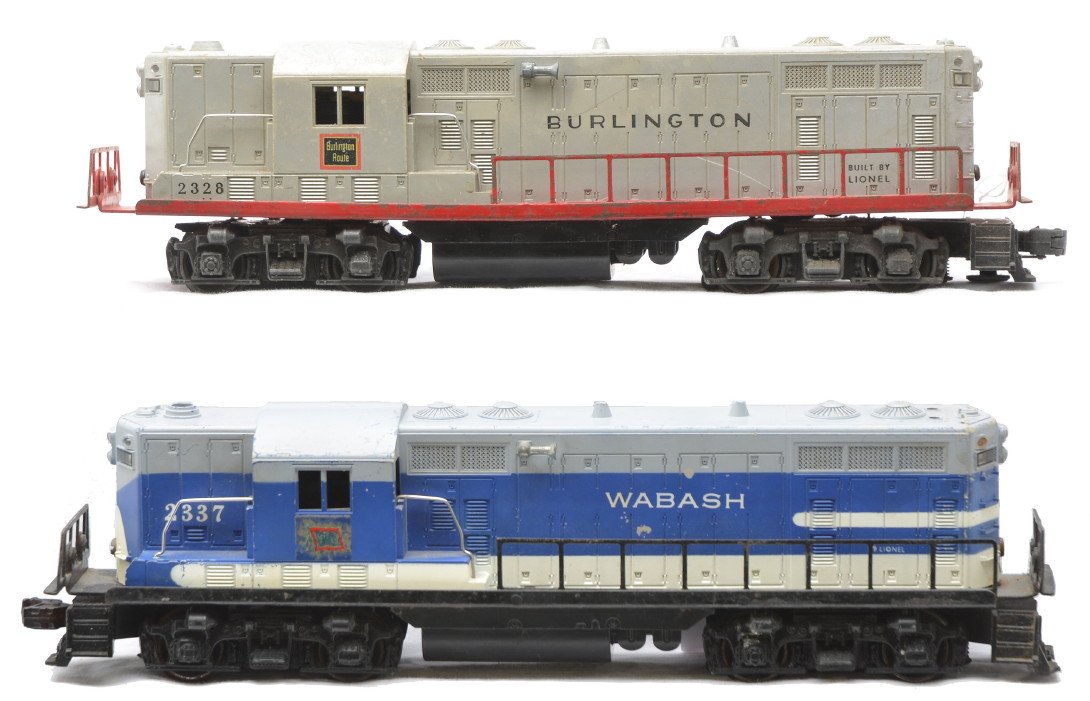 Lionel 2328 Burlington 2337 Wabash GP7 Units: Lionel postwar 2328 Burlington GP7 diesel and a 2337 Wabash GP7 diesel. Both diesels have one coupler broken. The diesels are C4.