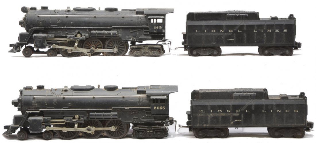 Lionel 2055 Loco 6026W 665 Loco 6026W: Lionel postwar 2055 black 4-6-4 steam loco with a 6026W tender with a broken step and a 665 black 4-6-4 steam loco with a 6026W tender. Locos and tenders are C4-5.