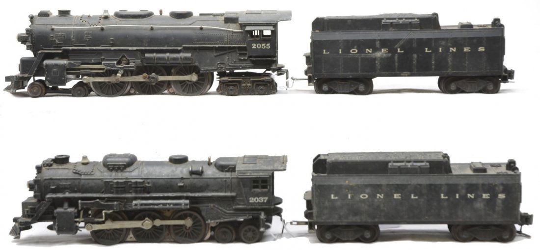 Lionel 2037 Loco 6026W 2055 Loco 6026W: Lionel postwar 2037 black 2-6-4 steam loco missing the pilot trucks with a 6026W tender that has broken steps and a 2055 black 4-6-4 steam loco with a 6026W tender. The locos and tenders are C4-5.