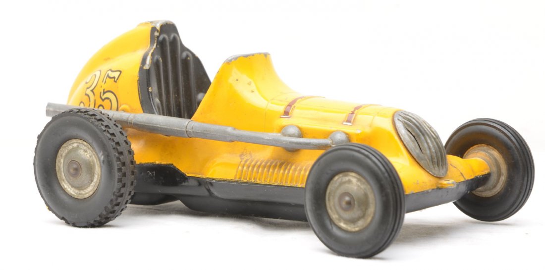 Roy Cox Thimble Drome Champion Tether Car: Roy Cox Thimble Drome Champion yellow tether car numbered 35. The gear shift is broken off. Car is C6.