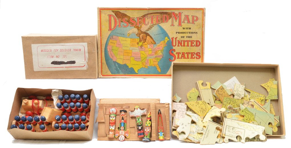 Milton Bradley Dissected Map Wooden Soldiers: Wooden toy soldier set in OB, wooden totem pole set and a Milton Bradley Dissected Map with productions of the United Stated cut on state lines. Please view photo to verify selection and condition.