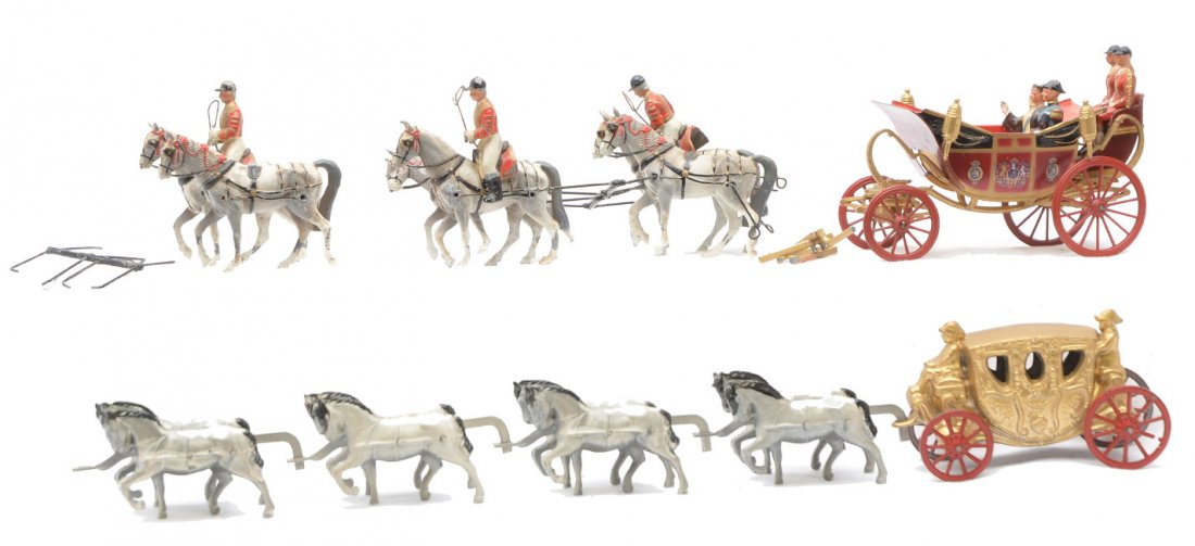 Britains Royal Carriage w/six Horses: Britains royal carriage with the H.M. the Queen, H.R.H. The Duke of Edinburgh and two figures in the 1902 state open road Landau, that has a team of six horses pulling the carriage. There are three ri