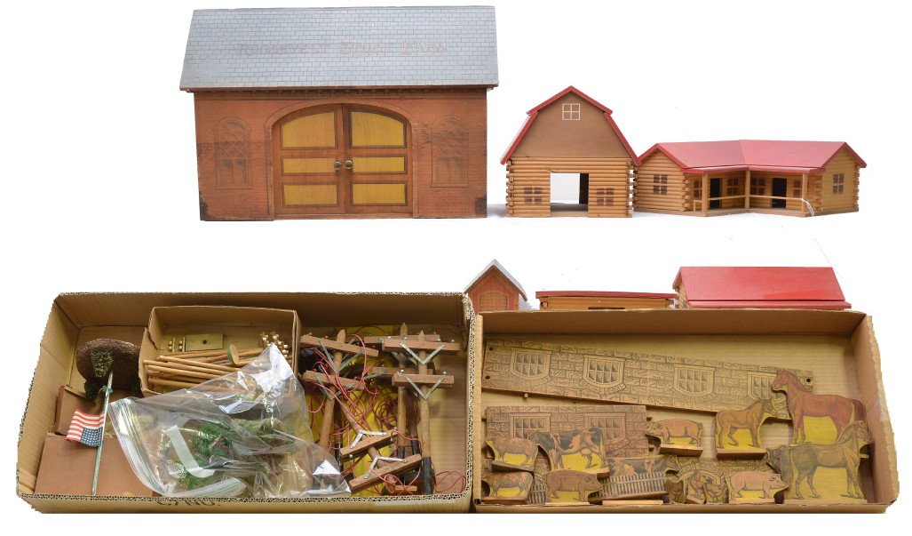 Converse Wooden Roosevelt Stock Farm Set: Converse wooden Roosevelt Stock Farm set with barn, fencing and animals. Also included are wooden log cabins and a barn. Also included are telephone poles and scenery. Please view photo to verify sele