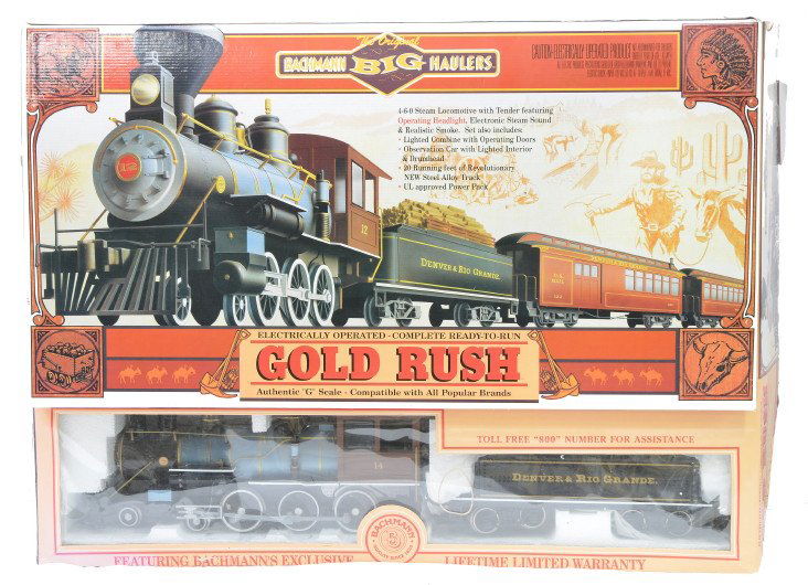 Bachmann 90022 Gold Rush Pass Set Track: Bachmann G scale Big Haulers 90022 Gold Rush passenger set in OB, C8. Also included is a large selection of G scale straight and curve track sections, USA Trains remote controller no. RS-0005 and a Te