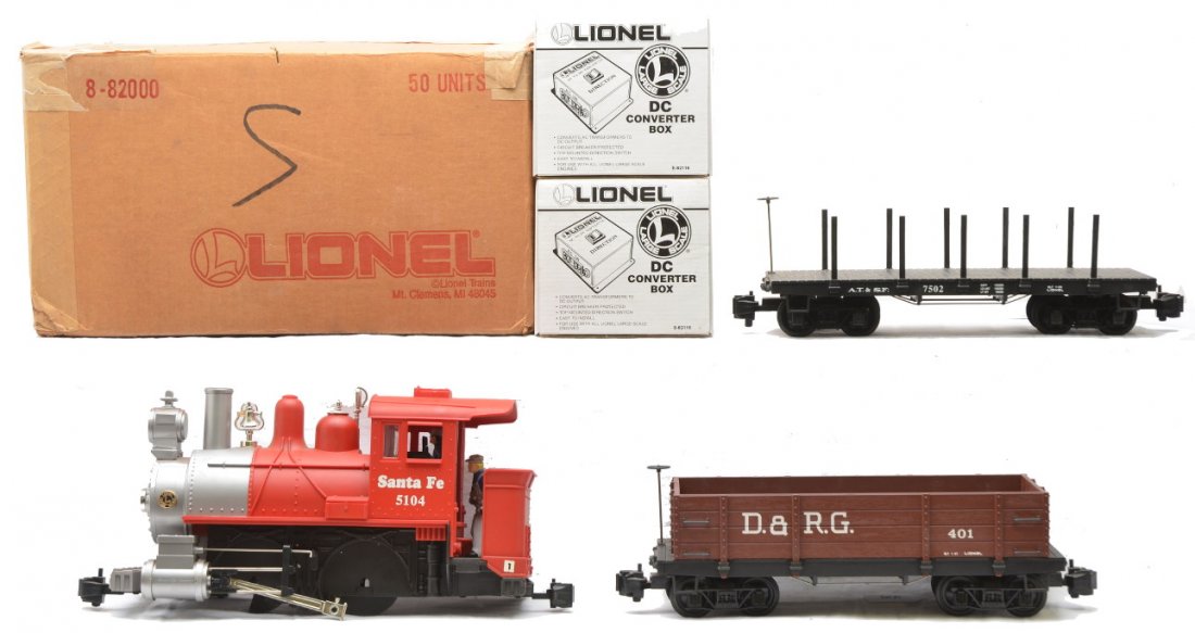 Lionel 82000 Track 2-82116 Converter Boxes Cars: Lionel G scale 82000 29 pieces of curve track sections in OB two 82116 DC converter boxes in OBs. Also included are Lionel G scale Santa Fe loco for parts use missing the wheels, D&RG gondola and an A