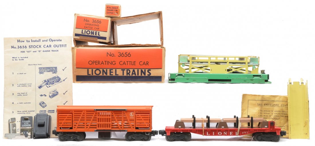 Lionel 3656 Operating Cattle Car 6264 Flat w/Wood: Lionel postwar 3656 operating cattle car with operating cattle car in individual OB, 9 no. 3656-9 figures for cattle car in individual OB, corral, ramp, CTC lockon, 364C controller ground clip, power 