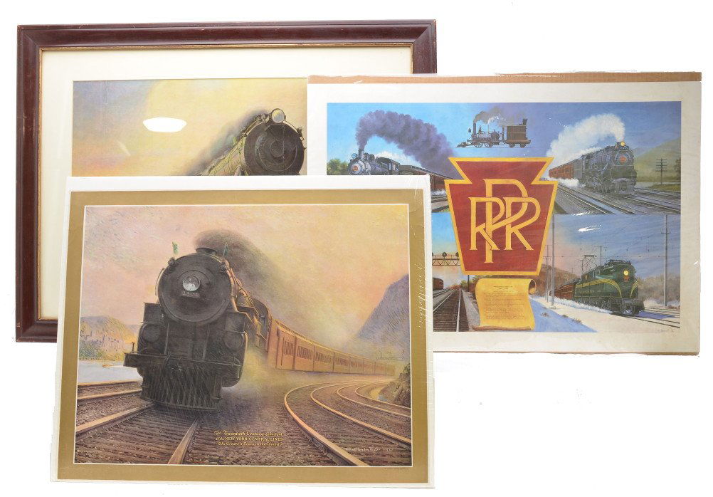 Framed Print PRR and two Posters NYC PRR: Pennsylvania Railroad print titled Speed and Security from the painting by Harold M. Brett dated 1926. The print is matted and framed. Also included is The Twentieth Century Limited of the New York Ce