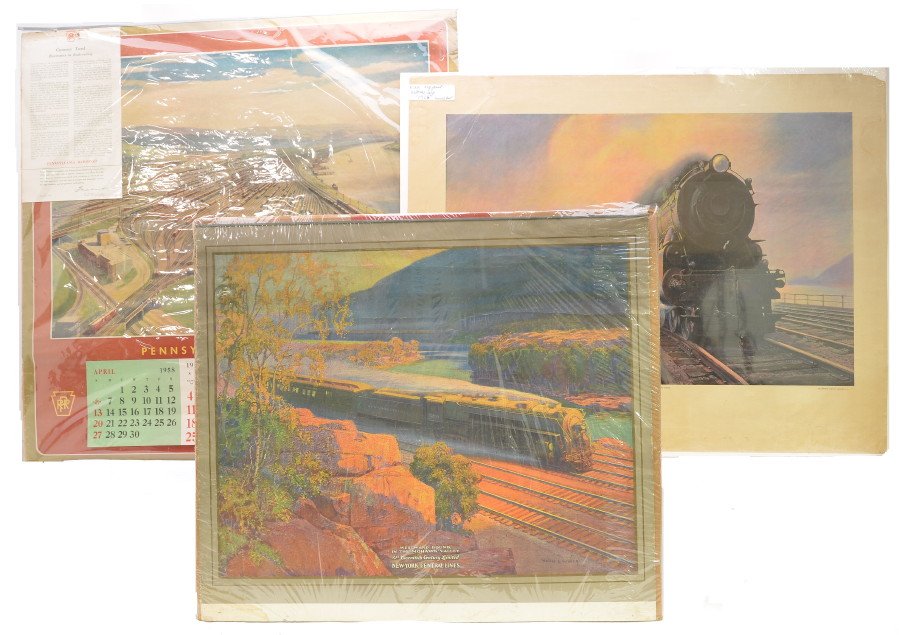 NYC 1929 Calendar Top PRR 1958 Calendar: New York Central Lines 1929 calendar top with artwork by Walter L. Greene titled Westward Bound in the Mohawk Valley The Twentieth Century Limited New York Central Lines. There is water damage on the 