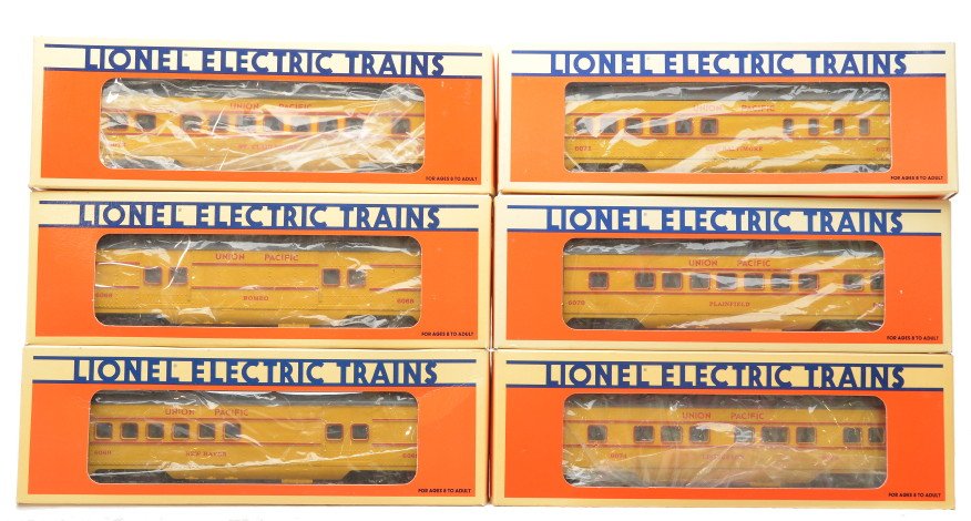 Lionel UP 16068 16069 16070 16071 16072 16074: Lionel Union Pacific passenger cars including; 16068 Rodeo baggage car, 16069 New Haven combo, 16070 Plainfield Pullman, 16071 New Baltimore diner car, 16072 St. Clair Shores vista dome and a 16074 Li