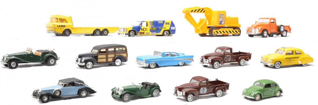 Assortment of Vehicles Solido K-Line Matchbox: An assortment of vehicles including; four Solido, one K-line, two Ertl, one Corgi, two Matchbox, one Road Champ and a Rio Volks Wagon. Also included is a plastic bull dozer. Please view photo to verif