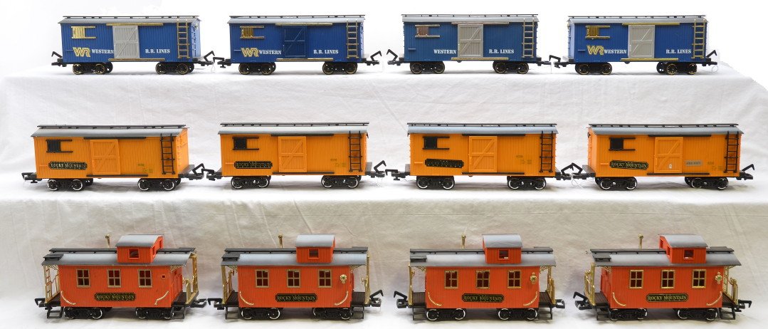 New Bright 4-WRR 4-RM Boxcars 4-Cabooses: New Bright G scale four blue Western R.R. Lines boxcars, four yellow Rocky Mountain boxcars and four orange Rocky Mountain cabooses, C7. Please allow for shipping charges on this lot.