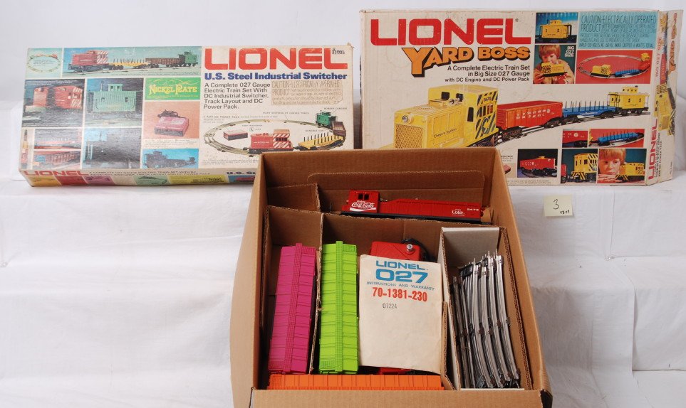 Lionel 1660, 1380, and 1463 Coca Cola set: Lionel modern O gauge sets with OBs. Includes 1380 Nickel Plate industrial switcher set no track, 1660 Yard Boss set complete, and 1463 Coca Cola set without box. Sets are C7 to C8+. OBs have some wea