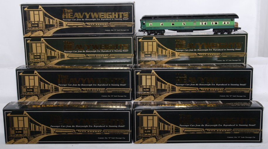 7 K-Line the Heavyweights Southern pass. cars: K Line modern O gauge Southern Crescent heavyweight passenger cars. Seven cars include K-3158 diner, K-0001 Francis Marion coach, K-0420 REA baggage, K86-0004-4 Zeb Vance Pullman, K86-0042-5 RPO bagga