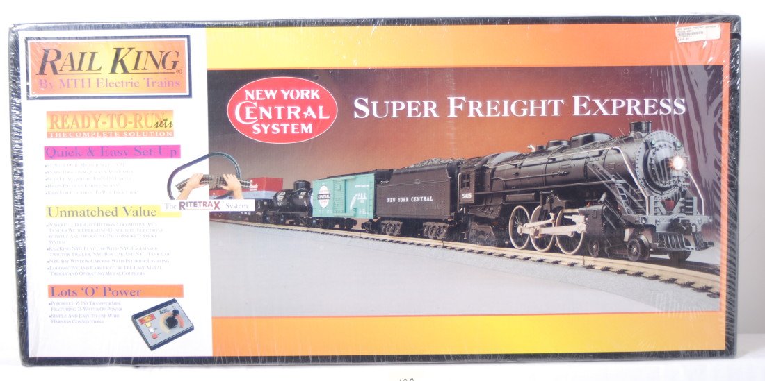 Railking New York Central freight set: MTH Railking modern O gauge 30-1025 New York Central Super Freight Express set in OB. Set is sealed in the master C10. Loco in set features smoke and whistle.