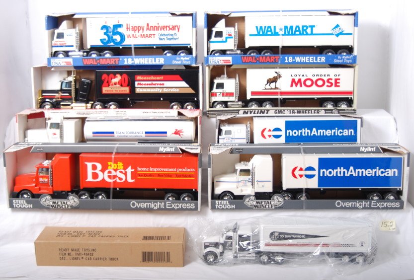 Ten Nylint and Lionel die cast vehicles in OB: Eight Nylint, one Ertl and one Lionel die cast semi tractor and trailer vehicles in original boxes. All appear to have never been removed from boxes. Boxes show very little to mild wear, couple price 