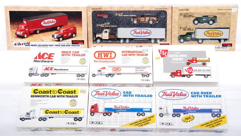 Nine Ertl 1/43 and 1/64 scale diecast trucks in OB: Nine 1/43 and 1/64 scale Ertl diecast semi tractor and trailers in original boxes, C8-10. Boxes show little to no wear. Please view the photos of the items in this lot for quantity and a better descri