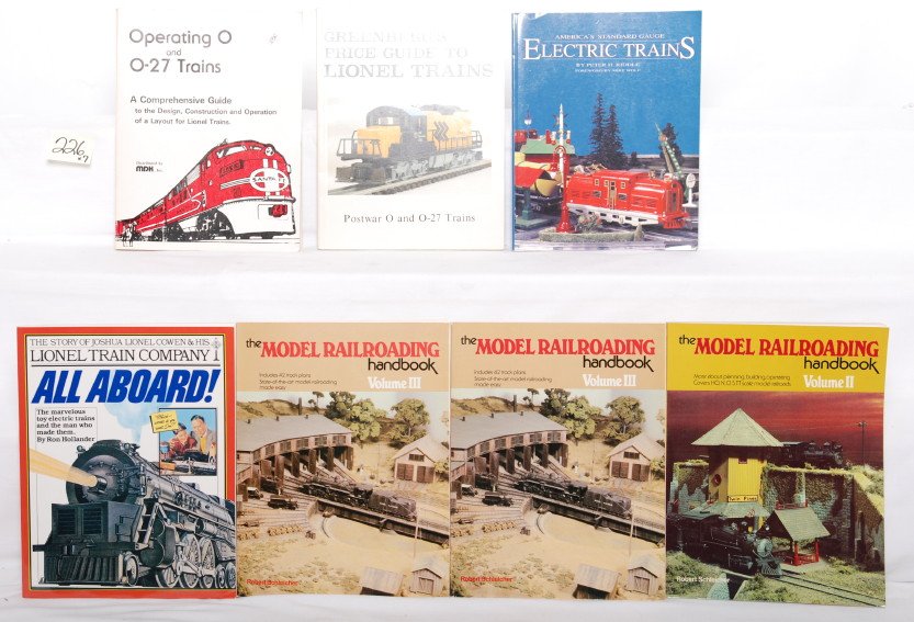 Seven Lionel and toy train related books: Lot of seven Lionel Trains and toy train related books, all are soft bound, C7-9. Operating O and O-27 Trains, MDK. GreenbergÕs Price Guide to Lionel Trains 1945-1982. AmericaÕs Standard Gauge Elect