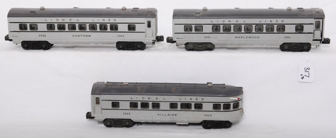 Lionel 2421, 2422, and 2423 two tone passenger car: Postwar Lionel O gauge 2421 Maplewood Pullman coach, 2422 Chatham Pullman coach, and 2423 Hillside observation, 2421 has some touchups and additions to black paint, otherwise C6.