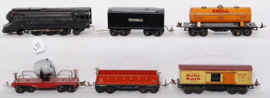 Lionel 1668, 2689W, 620, 1679, 1680, 652: Prewar Lionel O gauge 1668 streamline steam locomotive with 2689W whistle tender and 620 searchlight car, 1679 Baby Ruth boxcar, 1680 Shell tank, and 652 gondola. Tender and 620 are repainted. Trains