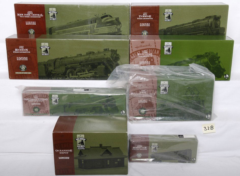 Lionel Hallmark Great Railways locos and more: Hallmark Lionel Great American Railways items in OBs. Includes QHT3501 Oceanside Depot, 726 Berkshire, 2332 Pennsylvania GG1, 746 Norfolk and Western J class, QHT7806 Pennsylvania 671 Turbine, QHT7807