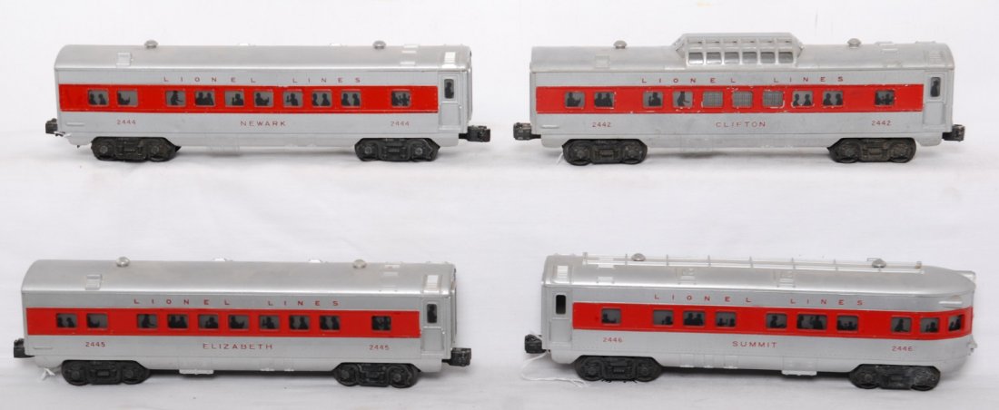 Lionel 2442, 2444, 2445, 2446 red stripe passenger: Postwar Lionel O gauge 2442 Clifton vista dome, 2444 Newark Pullman coach, 2445 Elizabeth Pullman coach, and 2446 Summit observation, some small touchups, C5-6.