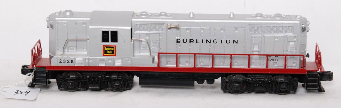 Lionel 2328 Burlington GP-7 diesel locomotive: Postwar Lionel O gauge 2328 Burlington GP-7 diesel road switcher locomotive, restored/repainted to look C7 area.