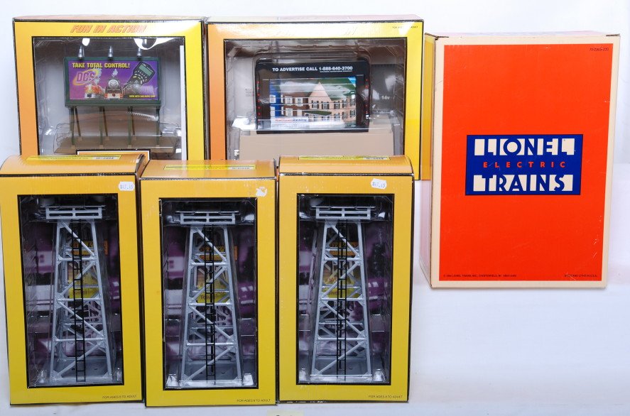 Railking and Lionel accessories 11078, 12902, etc: MTH Railking and Lionel modern O gauge accessories in OBs. Includes three 30-11078 floodlight towers, 30-9132 operating billboard, 30-90041 DCS billboard, and Lionel 12902 Marathon oil derrick, box ha