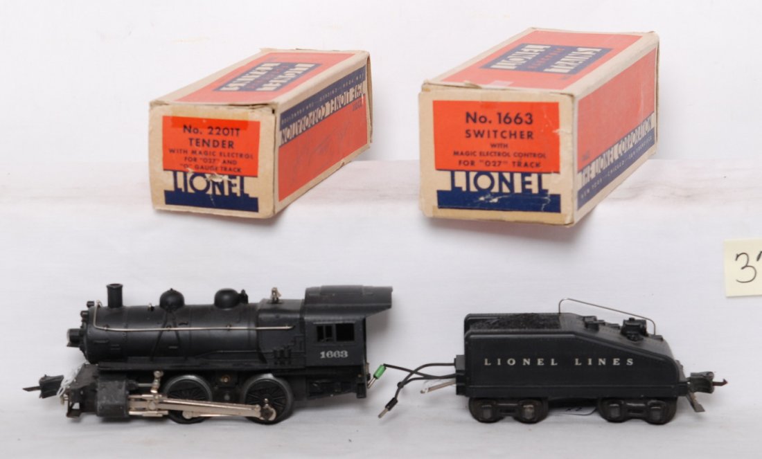Lionel 1663 switcher and 2201T tender w/Magic Elec: Prewar Lionel O gauge 1663 Switcher and 2201T tender, both with Magic Electrol Control for 027 track, in original boxes. Trains are restored to look C7 area. Boxes have repairs and restorations.
