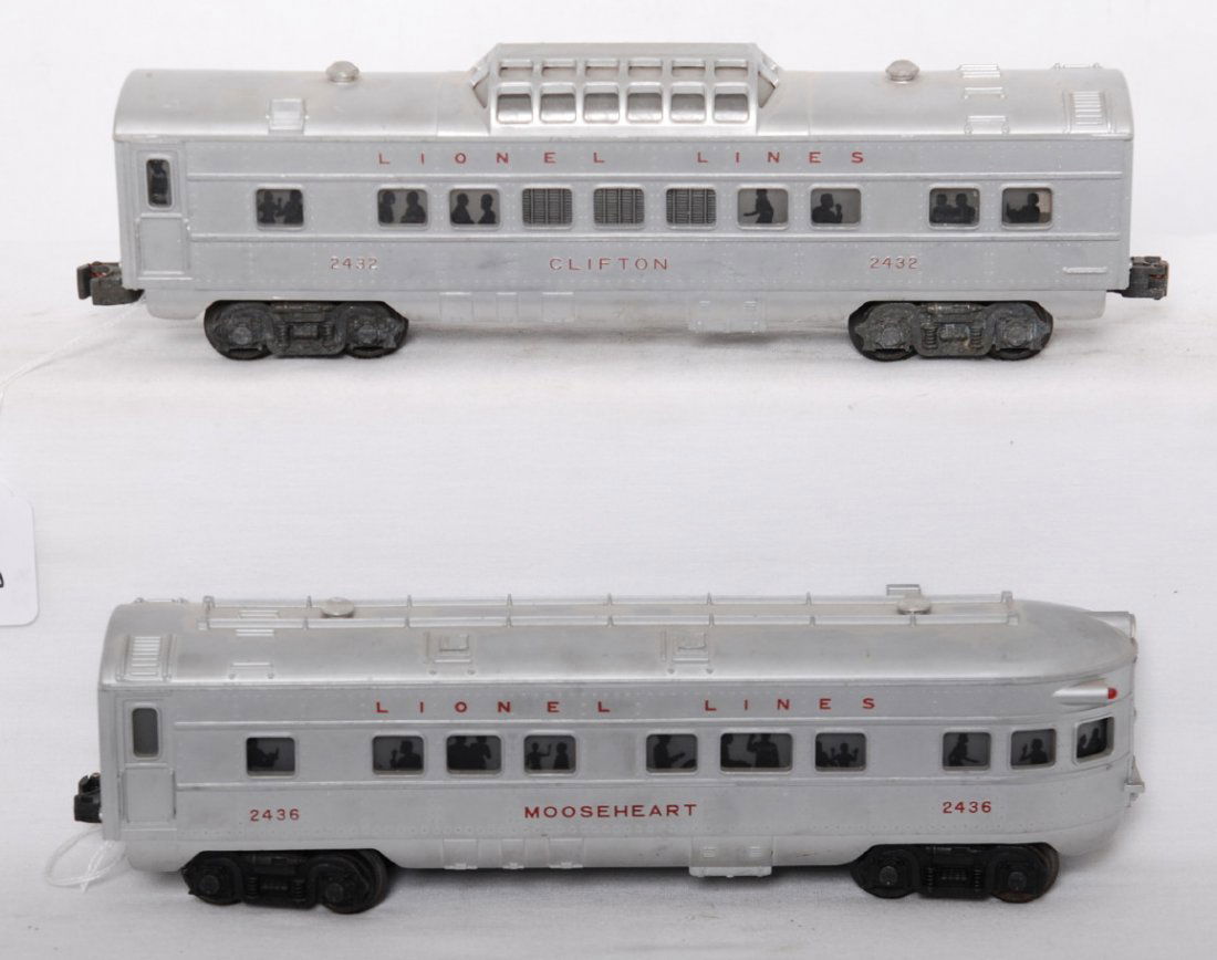 Lionel 2432 and 2436 red letter passenger cars: Postwar Lionel O gauge 2432 Clifton vista dome and 2436 Mooseheart observation, red lettered passenger cars, C6.